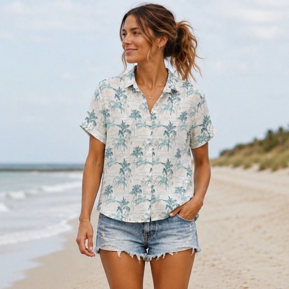 C&C California Womens Linen Palm Shirt L White Boxy Relaxed Tropical Resort